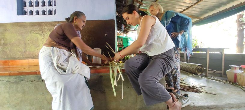 Traditional mat weaving experienced by travelers visiting Kollengode, Kerala. An ecotourism experience by Moksha Stories