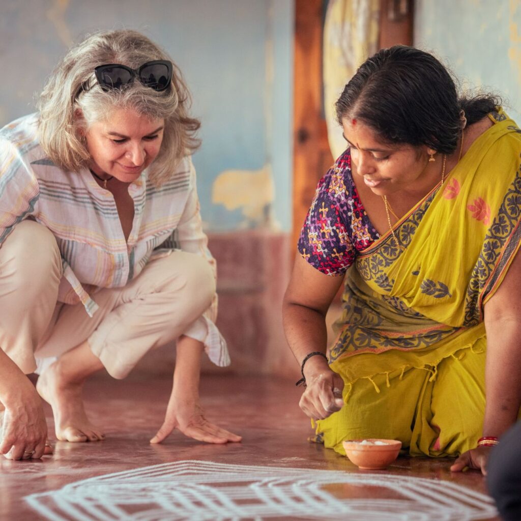 A kolam drawing session with the Iyer community in the Agraharams of Kerala.